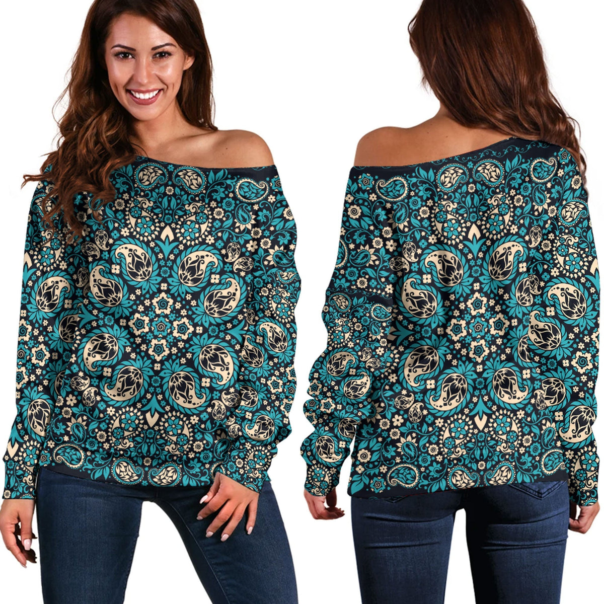 Paisley Bandana Pattern Seamless Off Shoulder Sweaters Ver.69 RLT13 - Wonder Print Shop