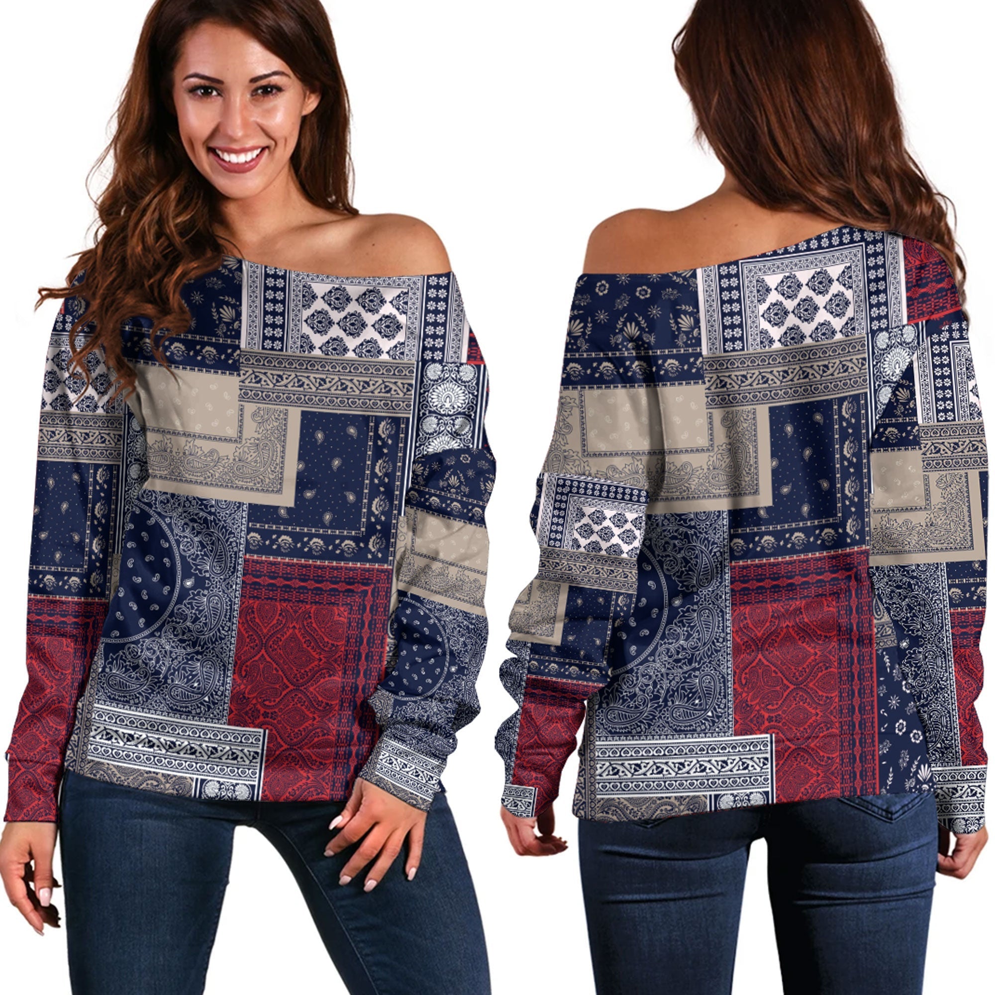 Paisley Bandana Pattern Seamless Off Shoulder Sweaters Ver.143 RLT13 - Wonder Print Shop