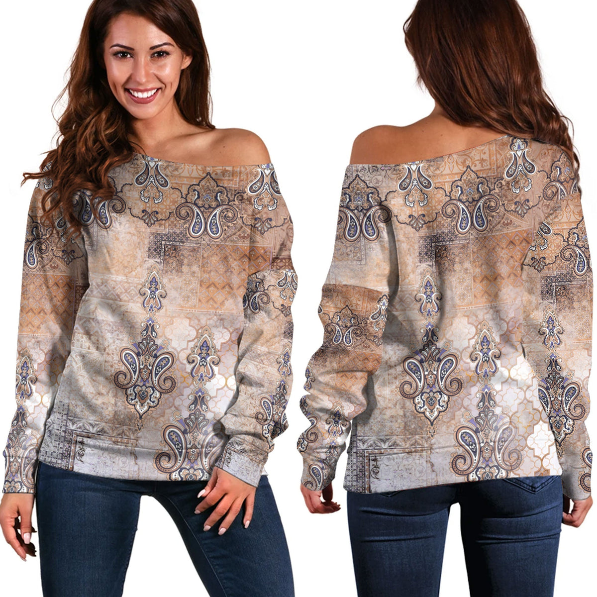 Paisley Bandana Pattern Seamless Off Shoulder Sweaters Ver.68 RLT13 - Wonder Print Shop