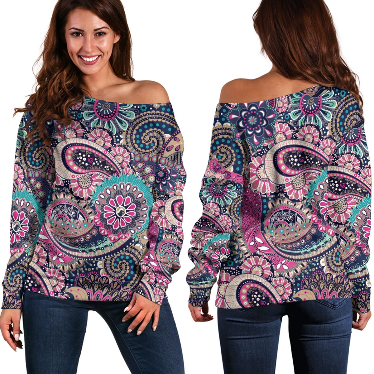 Paisley Bandana Pattern Seamless Off Shoulder Sweaters Ver.104 RLT13 - Wonder Print Shop