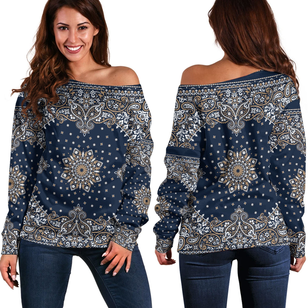 Paisley Bandana Pattern Seamless Off Shoulder Sweaters Ver.01 RLT13 - Wonder Print Shop