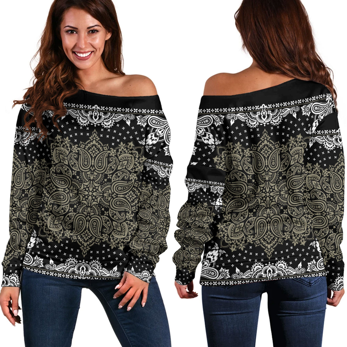Paisley Bandana Pattern Seamless Off Shoulder Sweaters Ver.56 RLT13 - Wonder Print Shop