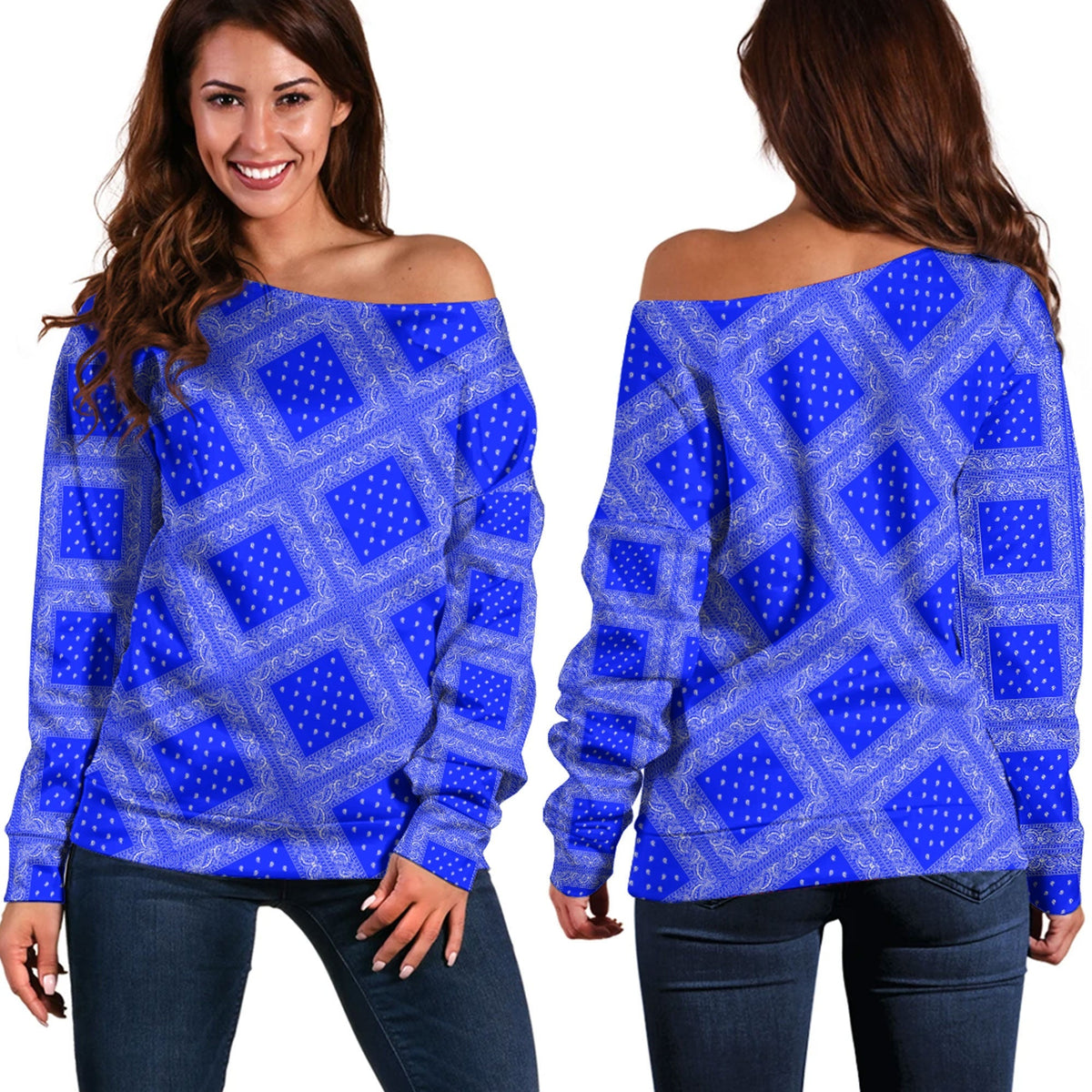 Paisley Bandana Pattern Seamless Blue Off Shoulder Sweaters Ver.03 RLT13 - Wonder Print Shop