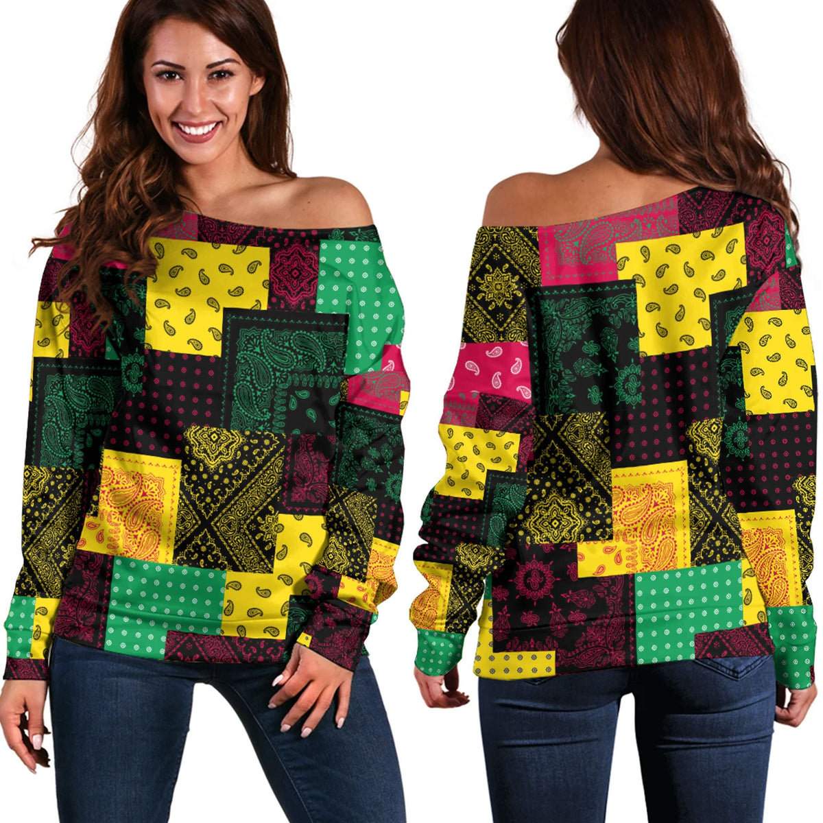 Paisley Bandana Pattern Seamless Off Shoulder Sweaters Ver.77 RLT13 - Wonder Print Shop