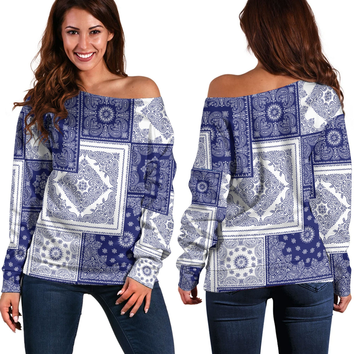 Paisley Bandana Pattern Seamless Off Shoulder Sweaters Ver.04 RLT13 - Wonder Print Shop