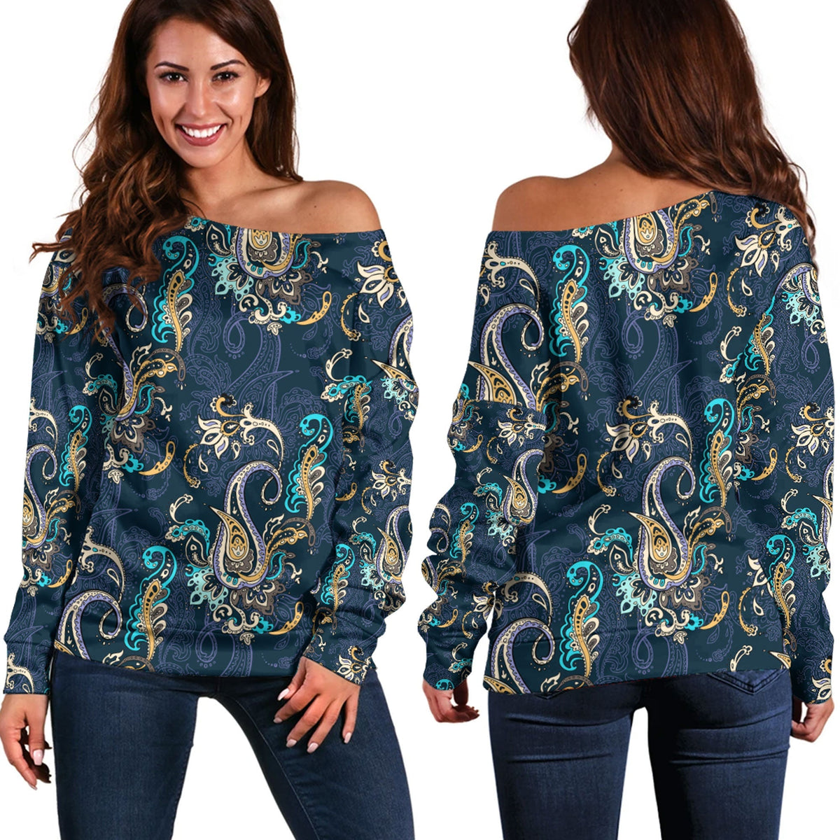 Paisley Bandana Pattern Seamless Off Shoulder Sweaters Ver.109 RLT13 - Wonder Print Shop