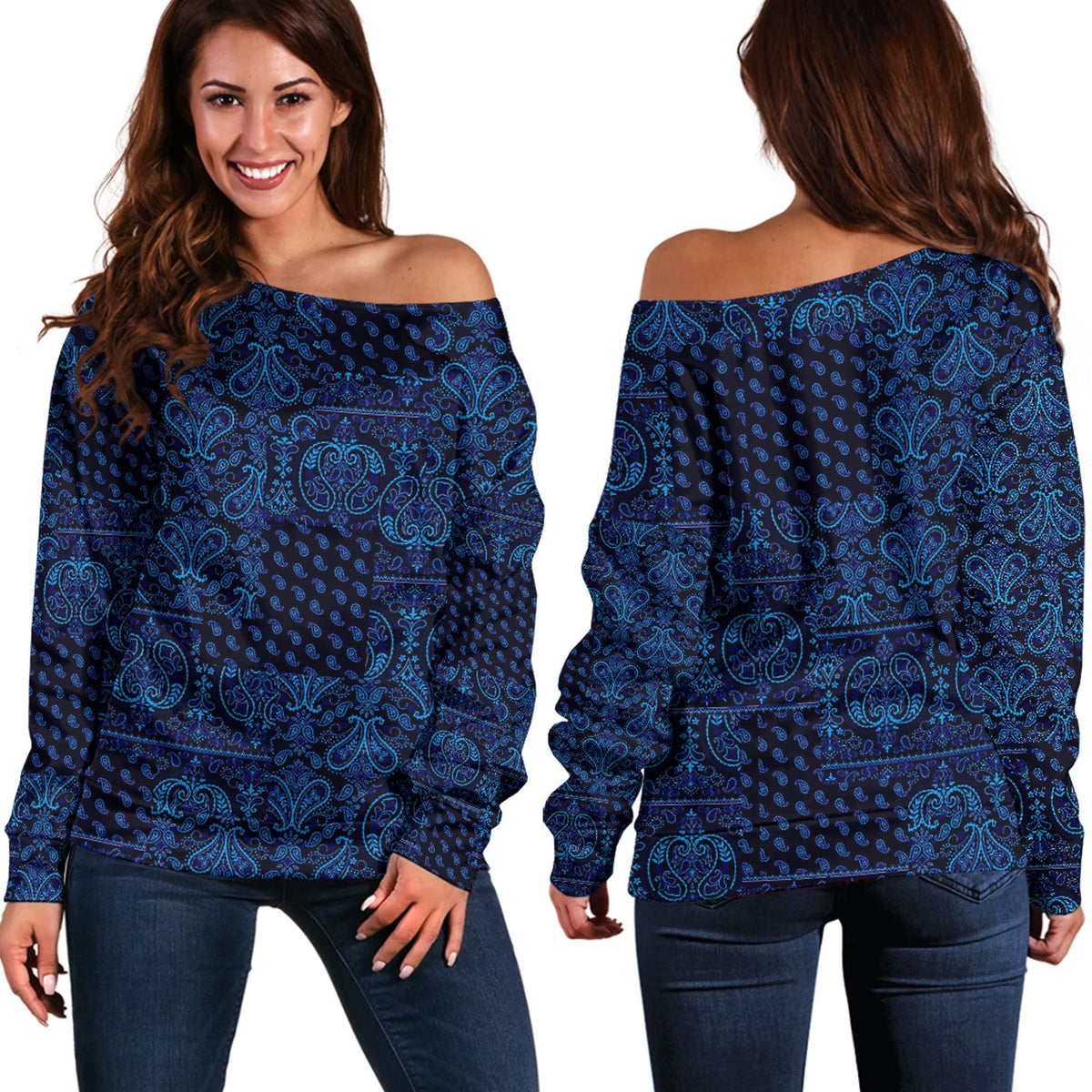 Paisley Bandana Pattern Seamless Blue Off Shoulder Sweaters Ver.02 RLT13 - Wonder Print Shop