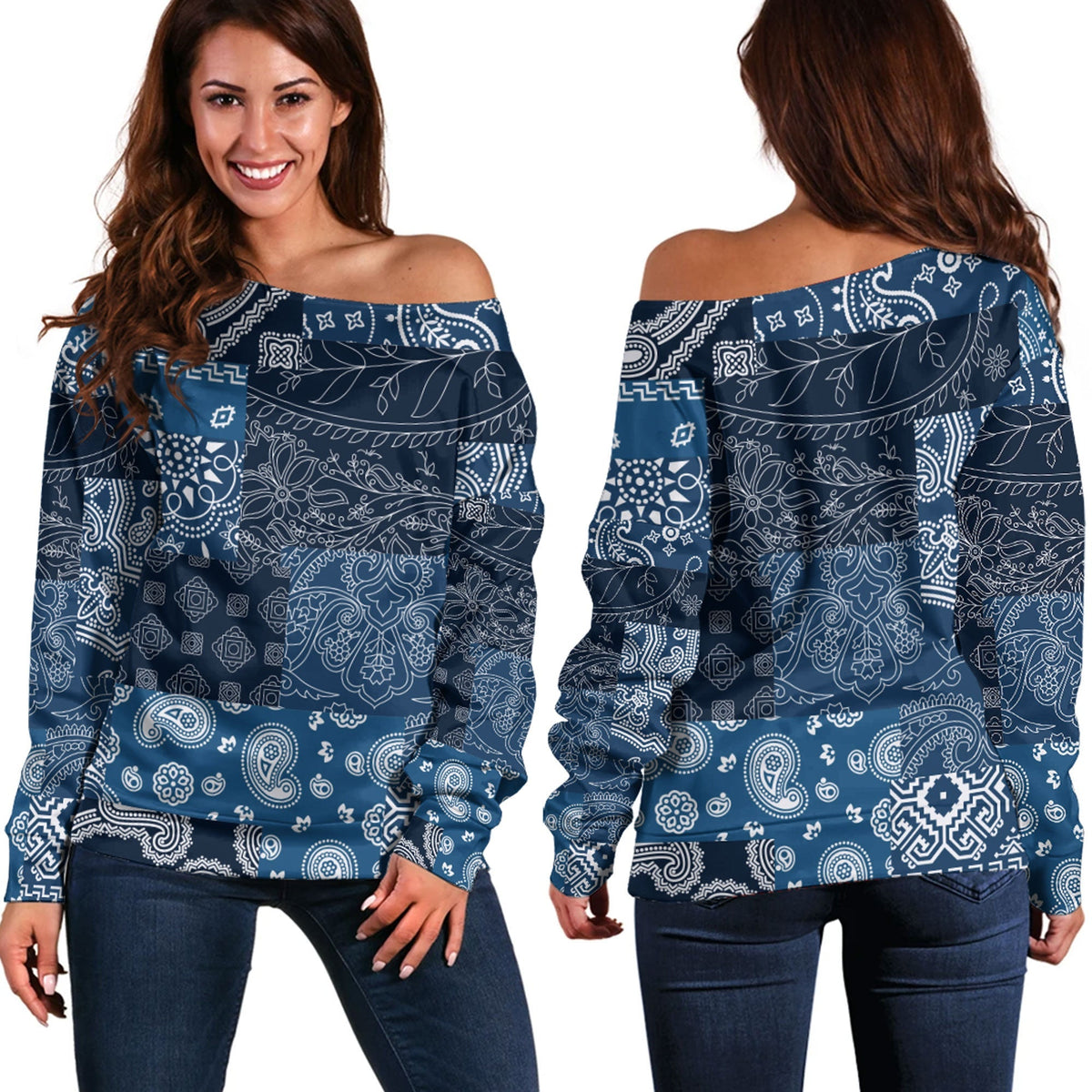 Paisley Bandana Pattern Seamless Off Shoulder Sweaters Ver.61 RLT13 - Wonder Print Shop