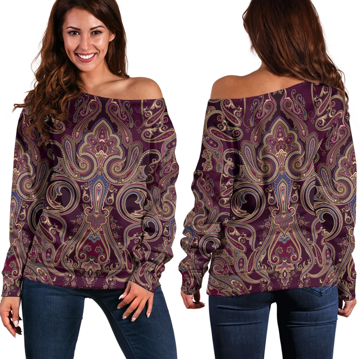 Paisley Bandana Pattern Seamless Off Shoulder Sweaters Ver.47 RLT13 - Wonder Print Shop
