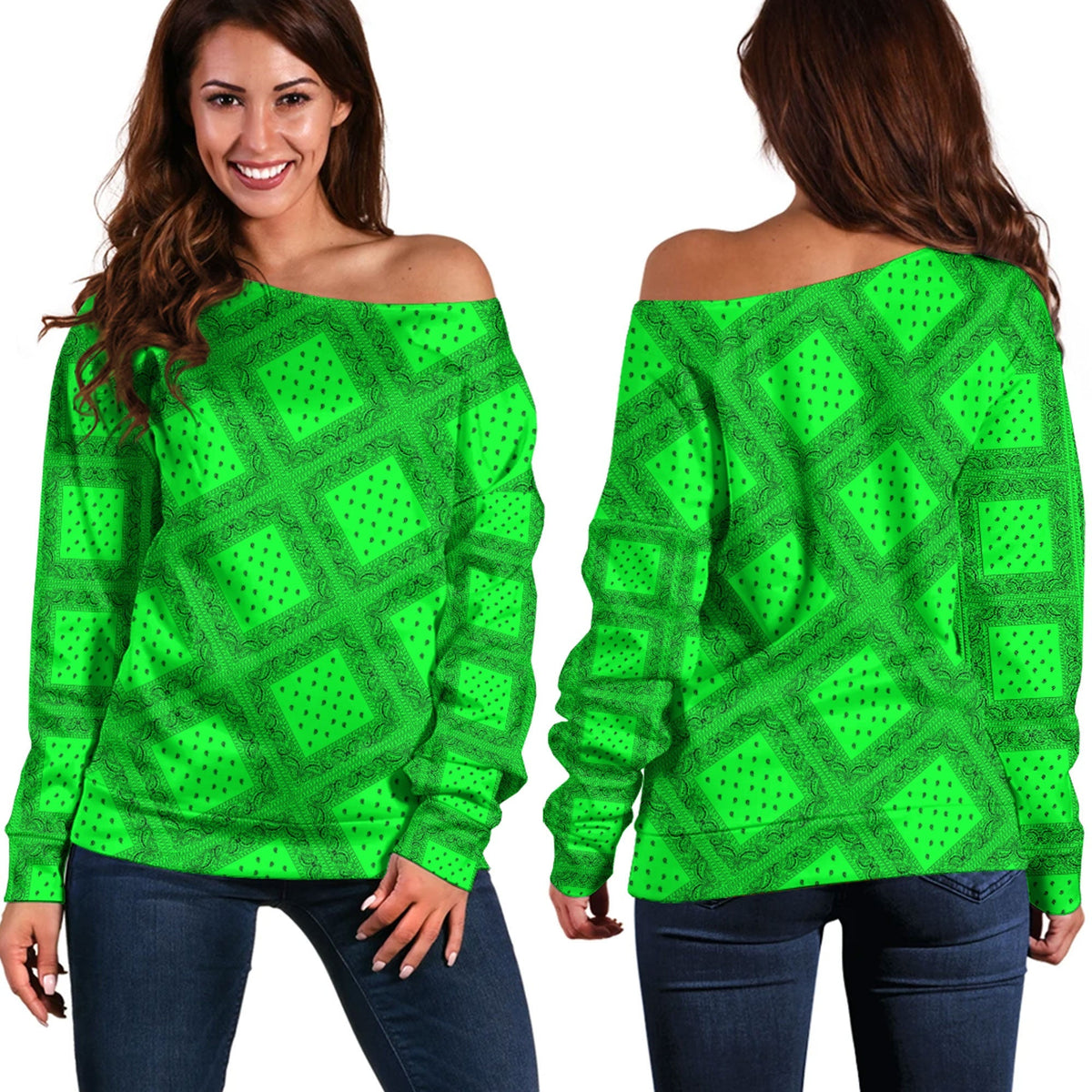 Paisley Bandana Pattern Seamless Green Off Shoulder Sweaters RLT13 - Wonder Print Shop