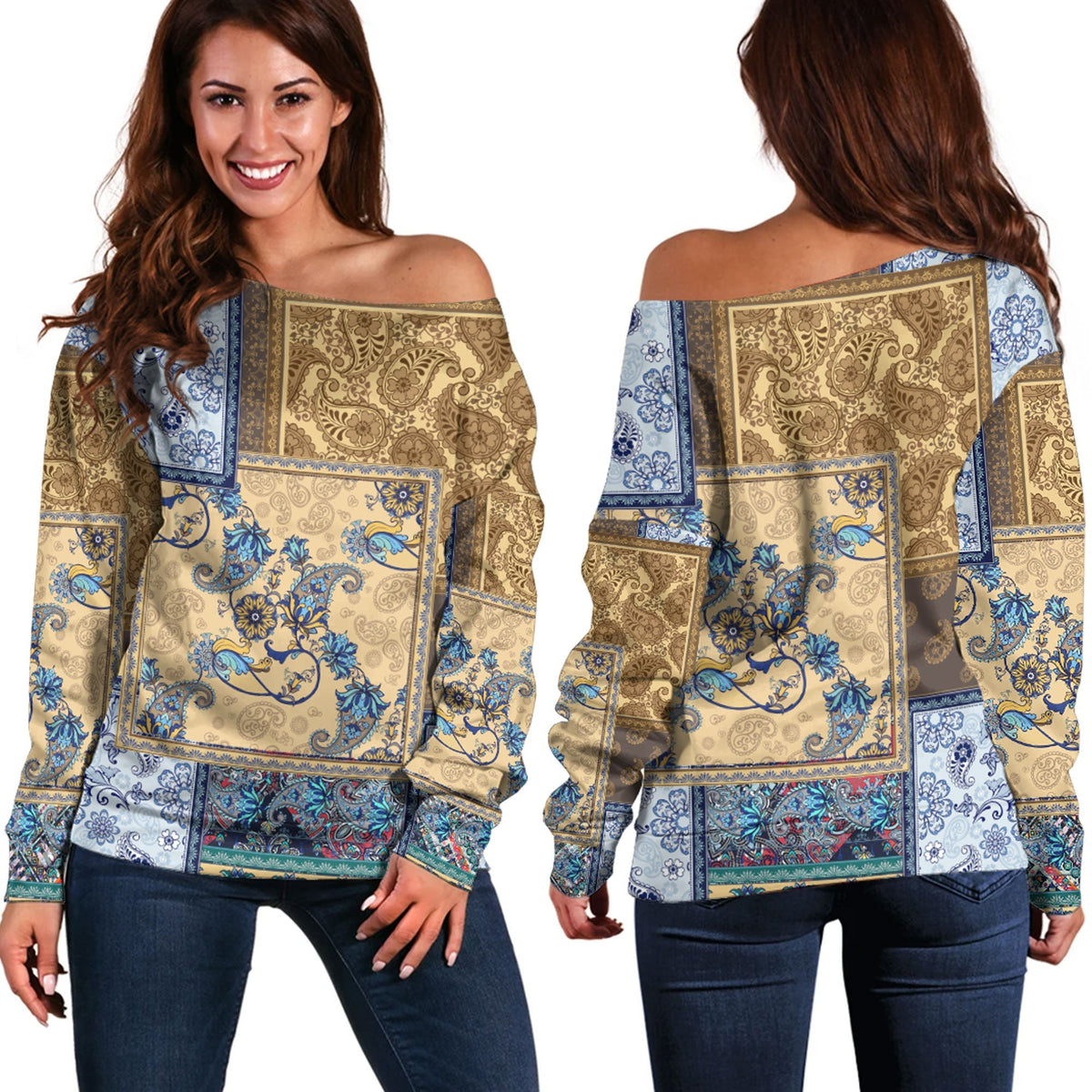 Paisley Bandana Pattern Seamless Off Shoulder Sweaters Ver.79 RLT13 - Wonder Print Shop