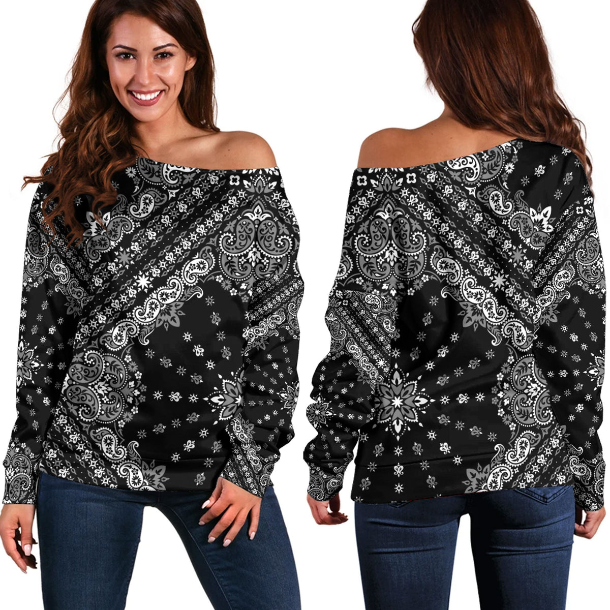 Paisley Bandana Pattern Seamless Off Shoulder Sweaters Ver.92 RLT13 - Wonder Print Shop