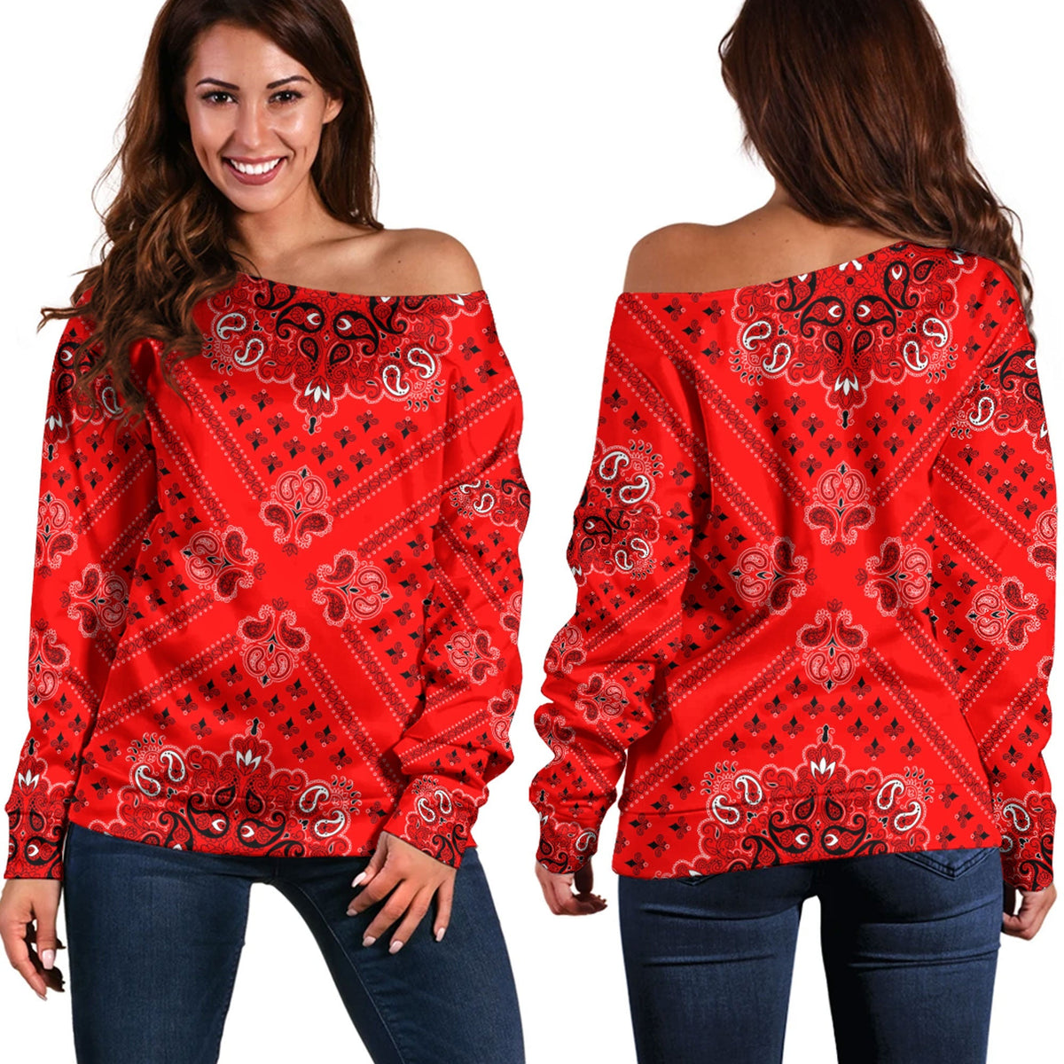 Paisley Bandana Pattern Seamless Off Shoulder Sweaters Ver.123 RLT13 - Wonder Print Shop