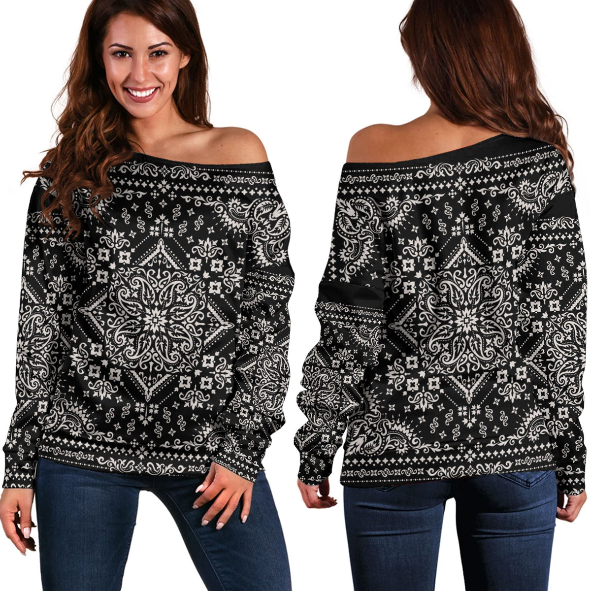 Paisley Bandana Pattern Seamless Off Shoulder Sweaters Ver.07 RLT13 - Wonder Print Shop