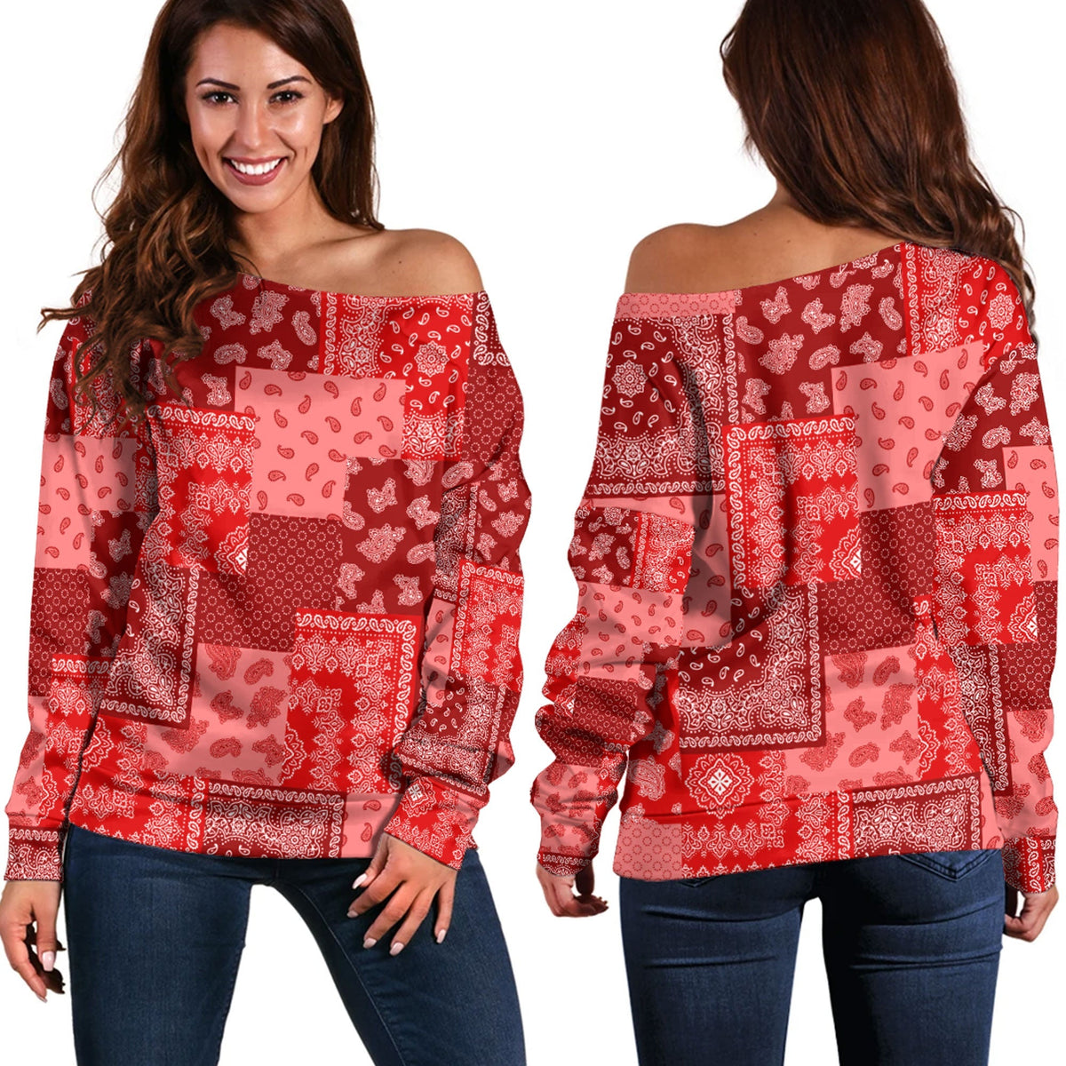 Paisley Bandana Pattern Seamless Red Off Shoulder Sweaters RLT13 - Wonder Print Shop