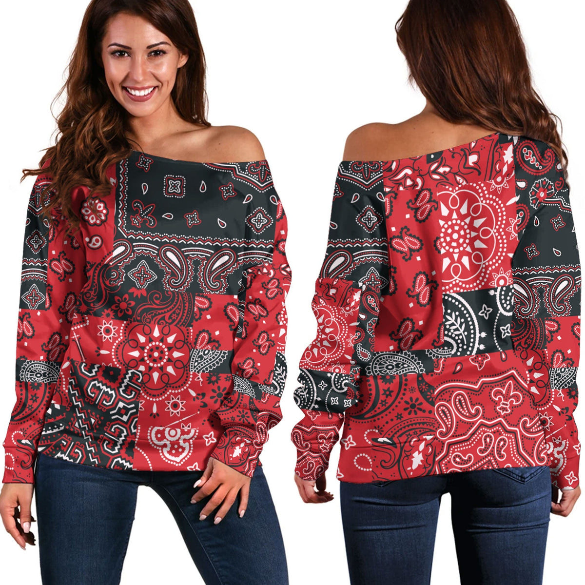 Paisley Bandana Pattern Seamless Off Shoulder Sweaters Ver.112 RLT13 - Wonder Print Shop