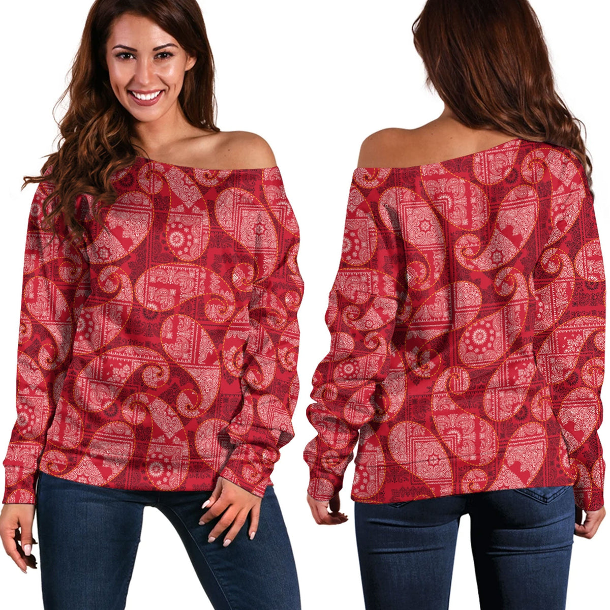 Paisley Bandana Pattern Seamless Off Shoulder Sweaters Ver.41 RLT13 - Wonder Print Shop