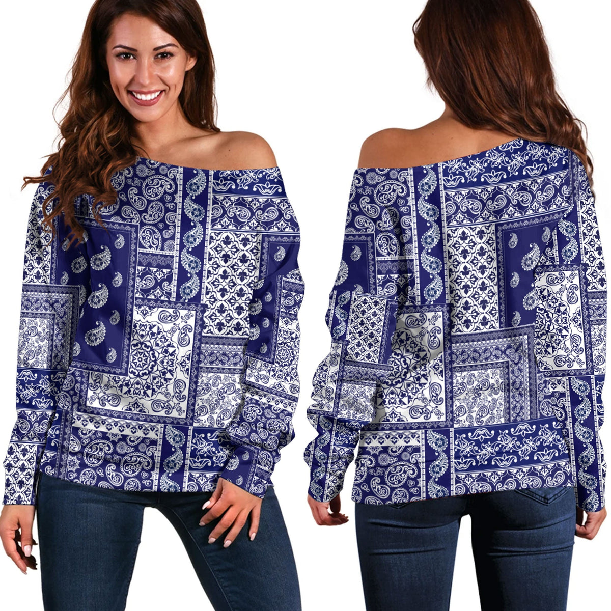 Paisley Bandana Pattern Seamless Off Shoulder Sweaters Ver.51 RLT13 - Wonder Print Shop