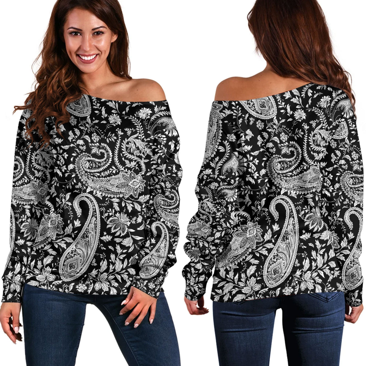 Paisley Bandana Pattern Seamless Off Shoulder Sweaters Ver.46 RLT13 - Wonder Print Shop