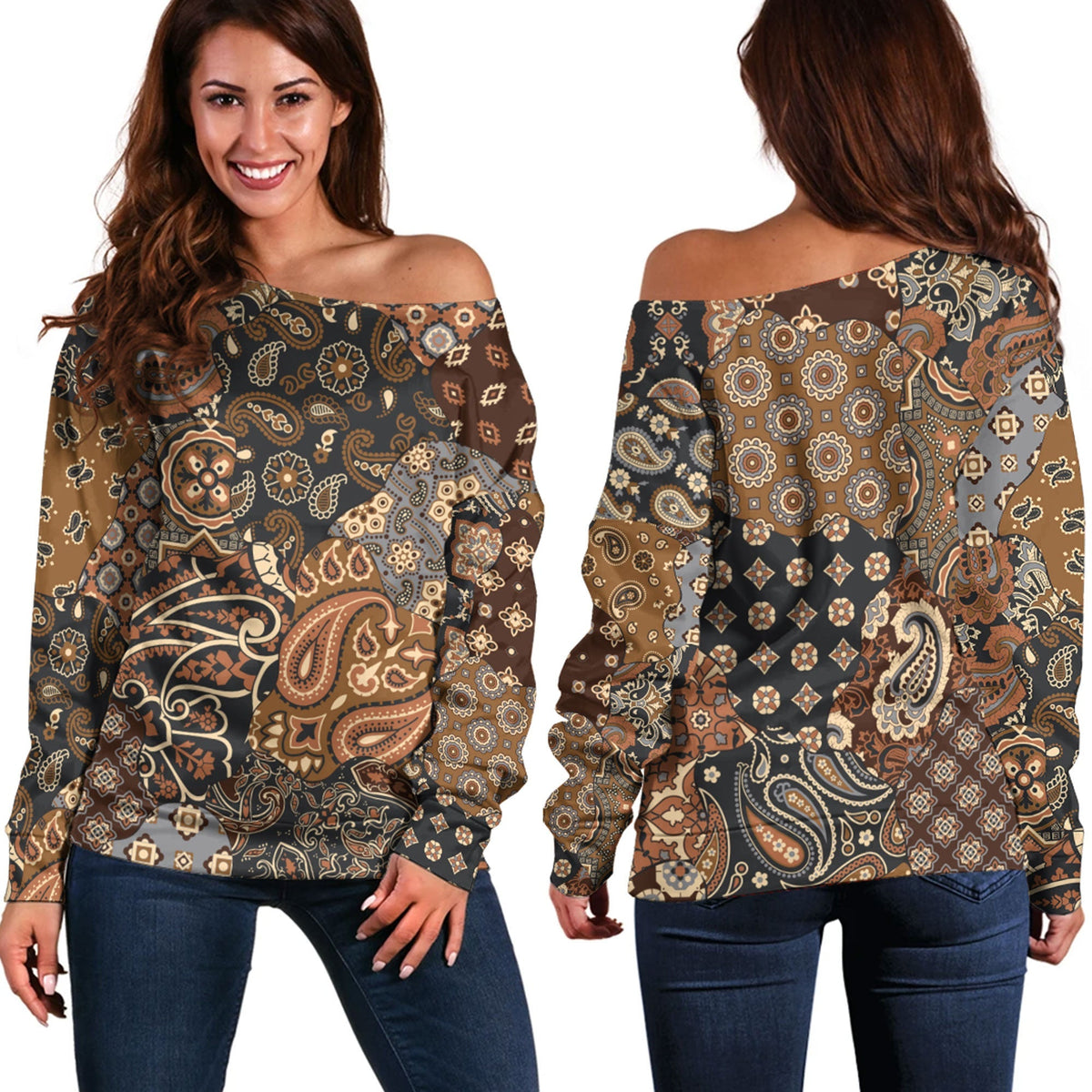 Paisley Bandana Pattern Seamless Off Shoulder Sweaters Ver.03 RLT13 - Wonder Print Shop