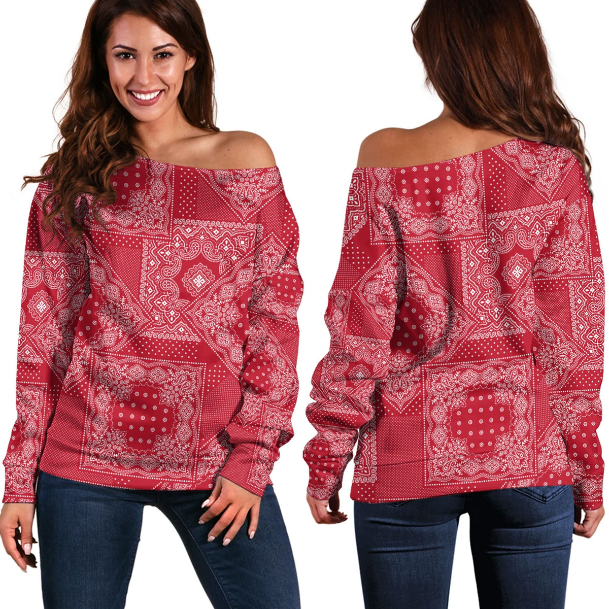 Paisley Bandana Pattern Seamless Off Shoulder Sweaters Ver.37 RLT13 - Wonder Print Shop