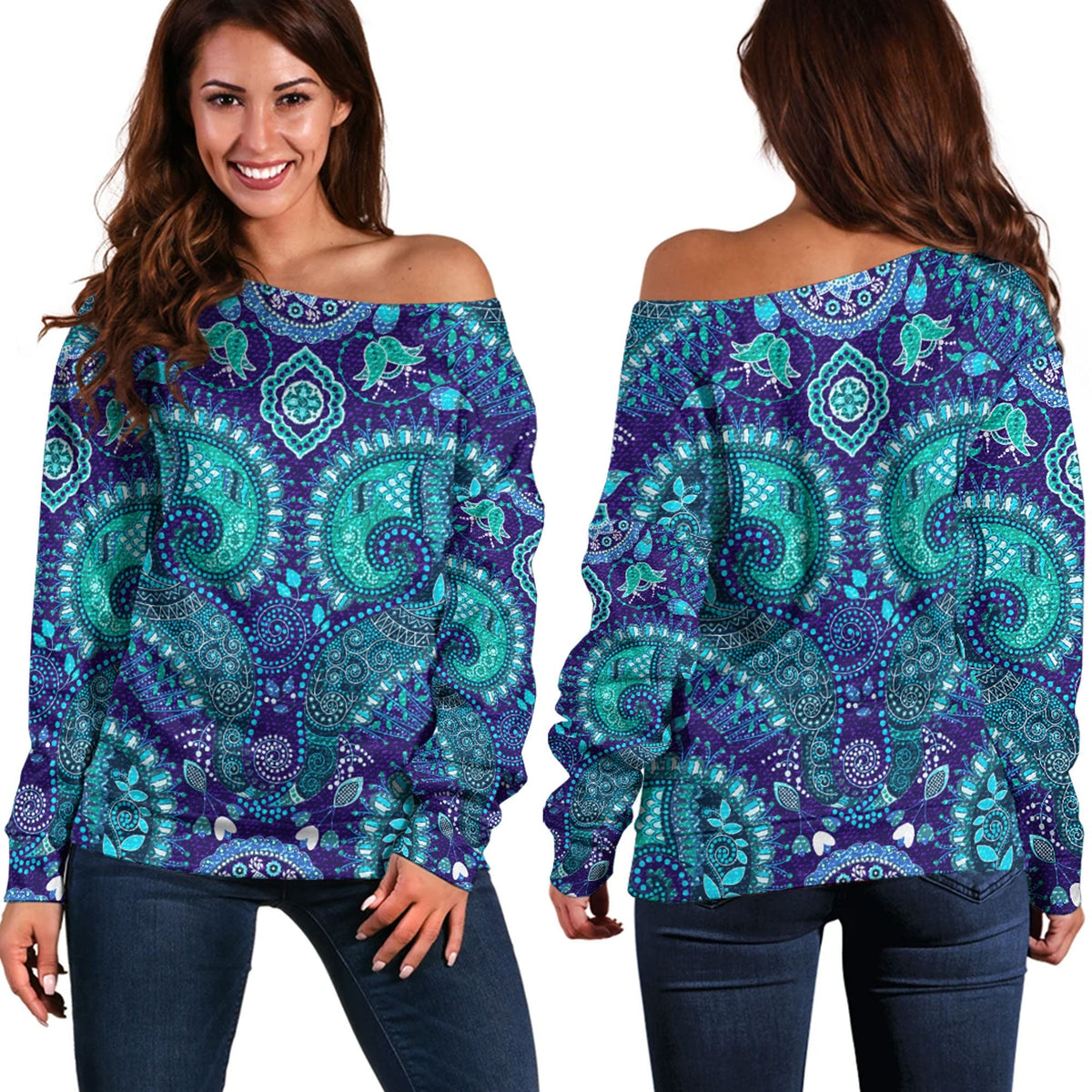 Paisley Bandana Pattern Seamless Off Shoulder Sweaters Ver.05 RLT13 - Wonder Print Shop