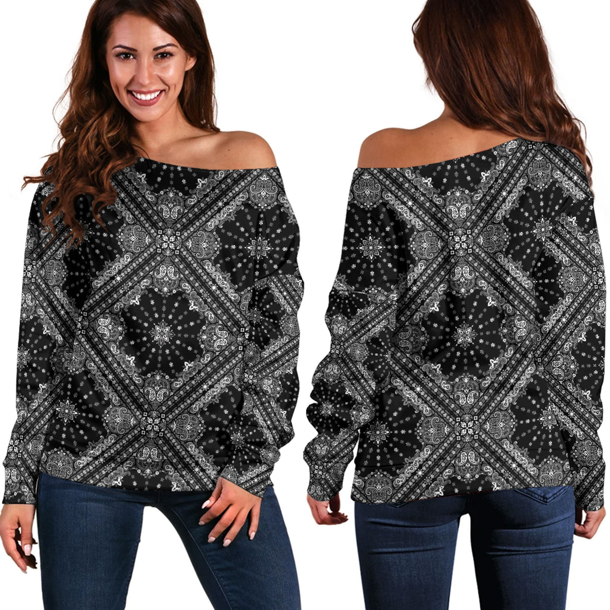 Paisley Bandana Pattern Seamless Off Shoulder Sweaters Ver.32 RLT13 - Wonder Print Shop