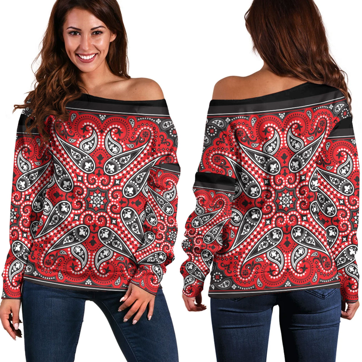 Paisley Bandana Pattern Seamless Off Shoulder Sweaters Ver.82 RLT13 - Wonder Print Shop