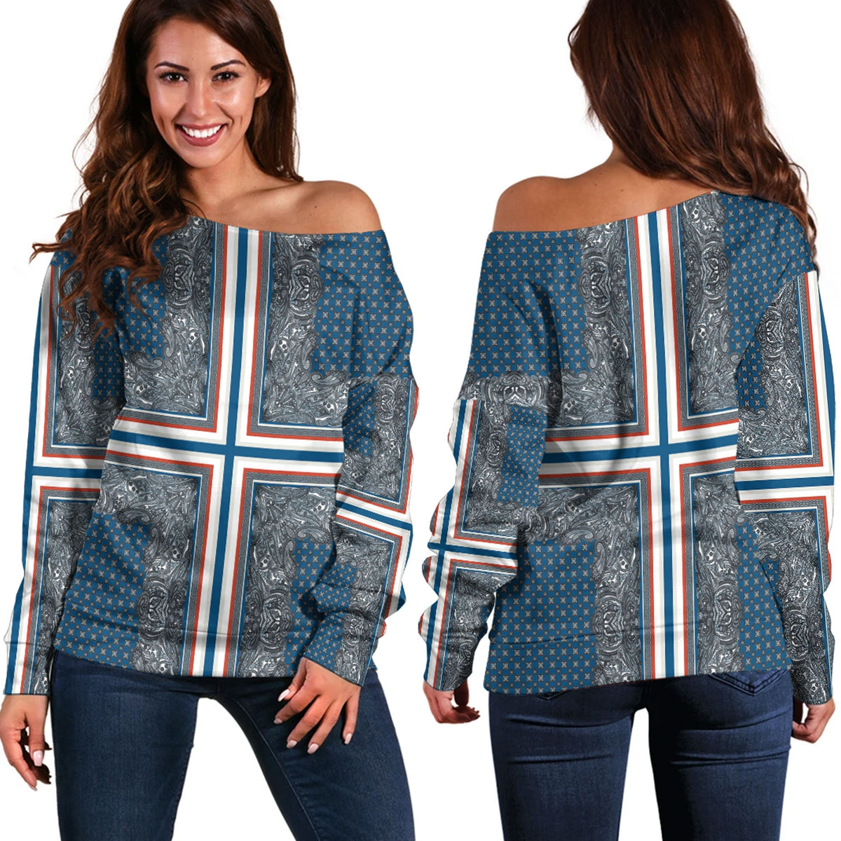 Paisley Bandana Pattern Seamless Off Shoulder Sweaters Ver.21 RLT13 - Wonder Print Shop