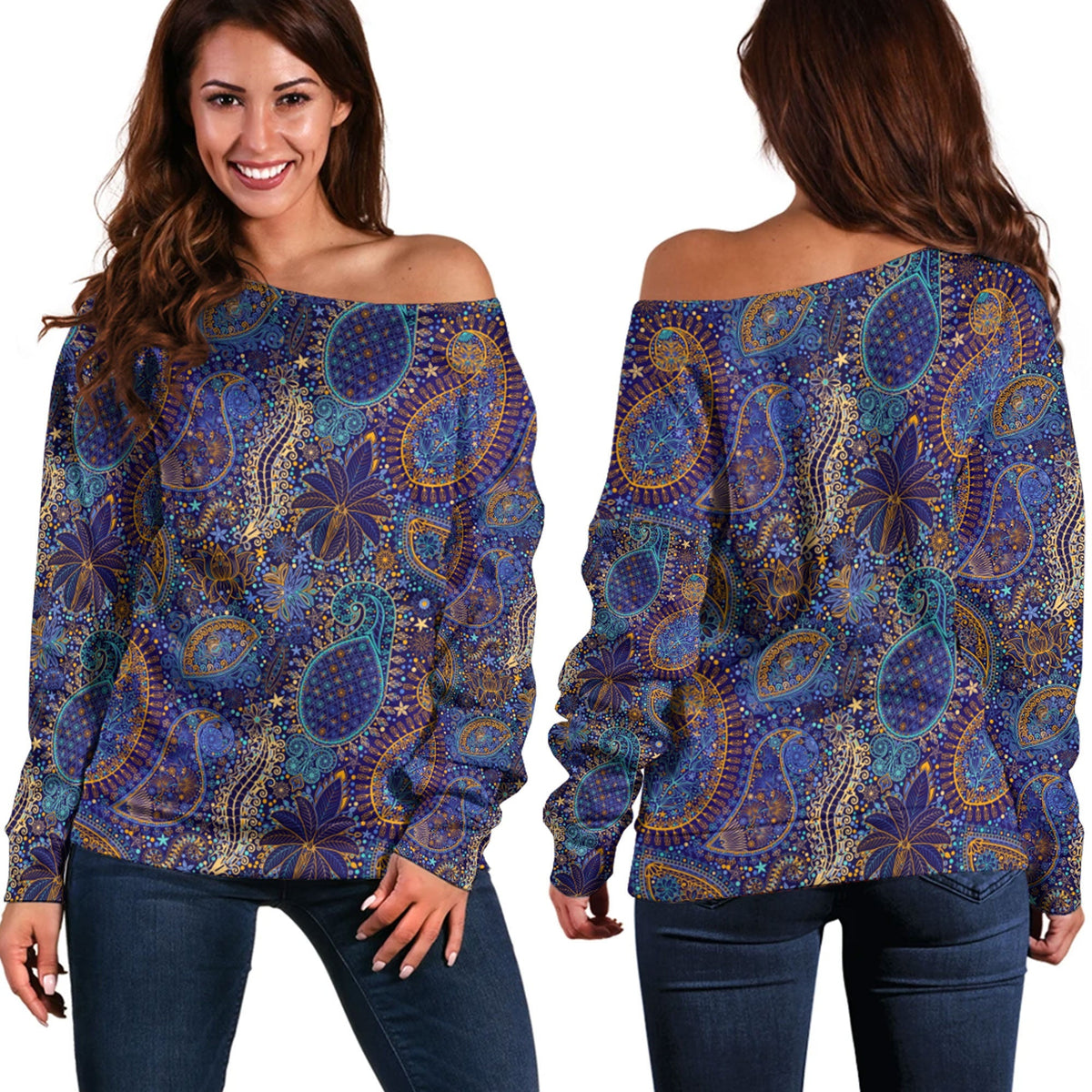 Paisley Bandana Pattern Seamless Off Shoulder Sweaters Ver.27 RLT13 - Wonder Print Shop