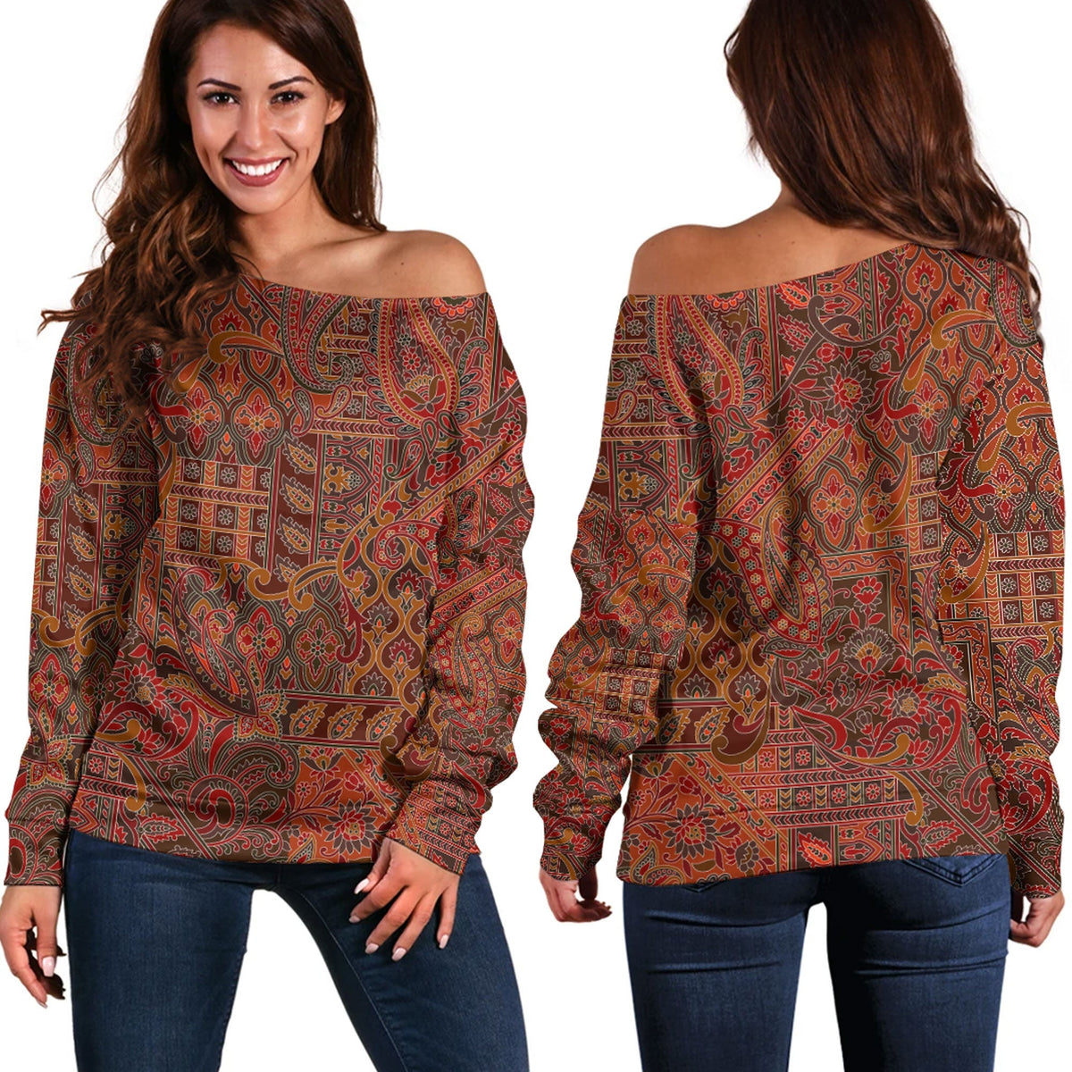 Paisley Bandana Pattern Seamless Off Shoulder Sweaters Ver.55 RLT13 - Wonder Print Shop