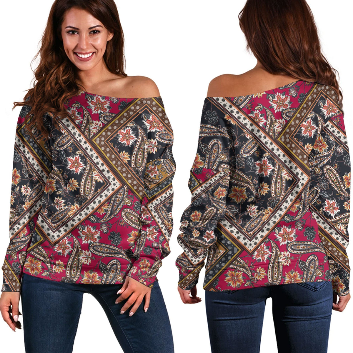 Paisley Bandana Pattern Seamless Off Shoulder Sweaters Ver.52 RLT13 - Wonder Print Shop