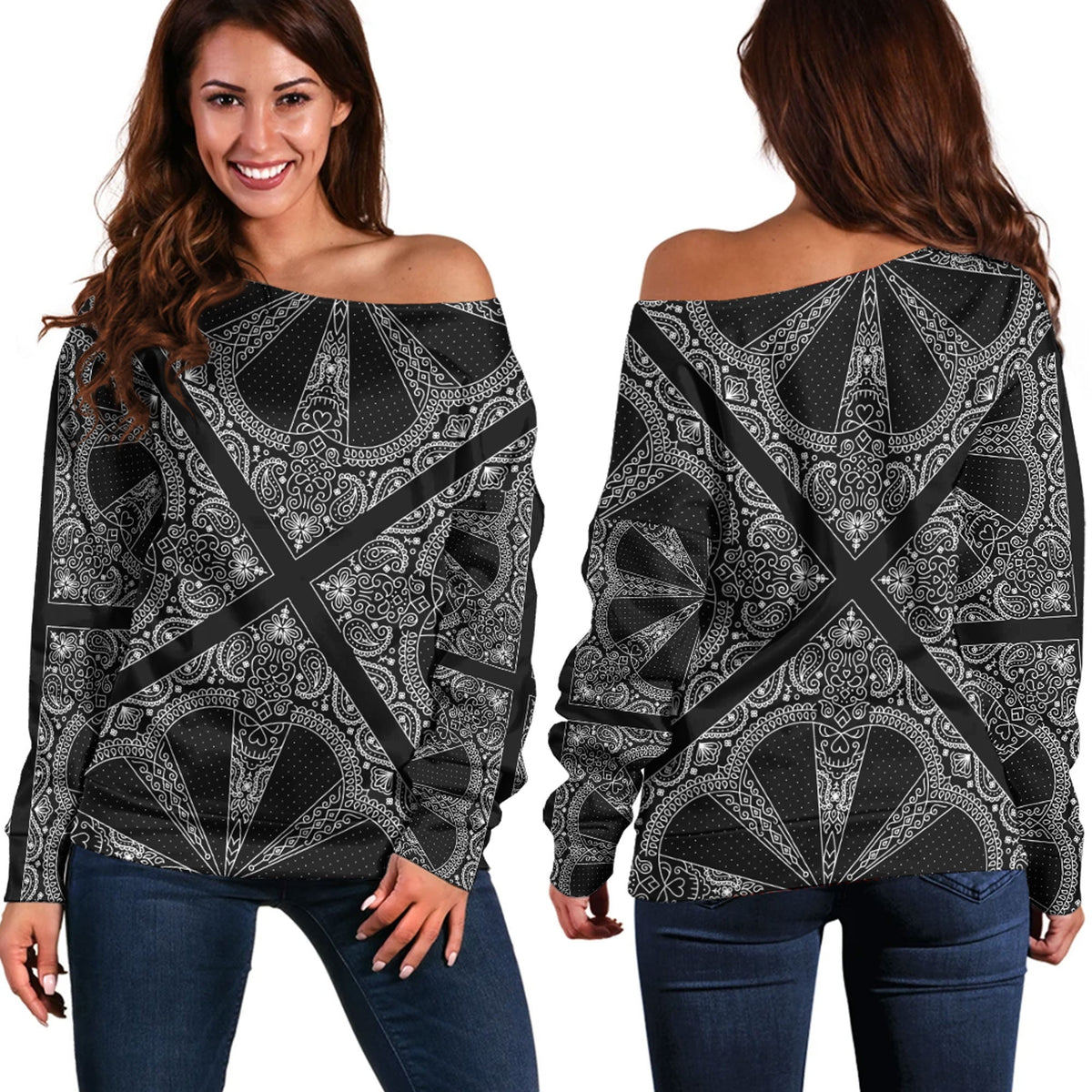 Paisley Bandana Pattern Seamless Off Shoulder Sweaters Ver.28 RLT13 - Wonder Print Shop