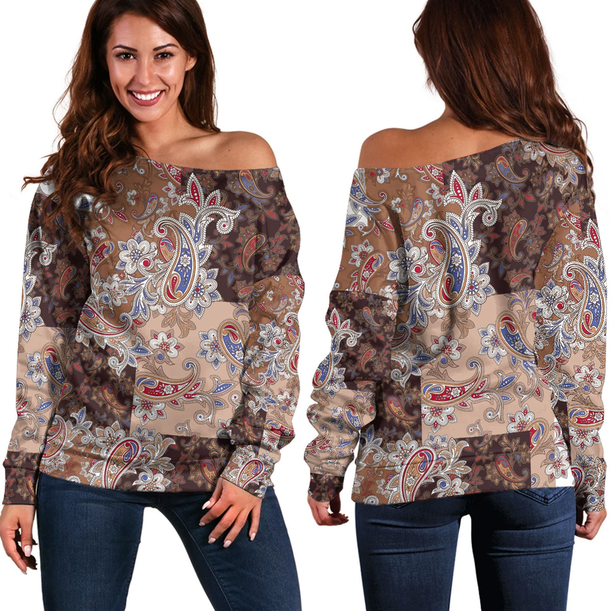 Paisley Bandana Pattern Seamless Off Shoulder Sweaters Ver.14 RLT13 - Wonder Print Shop