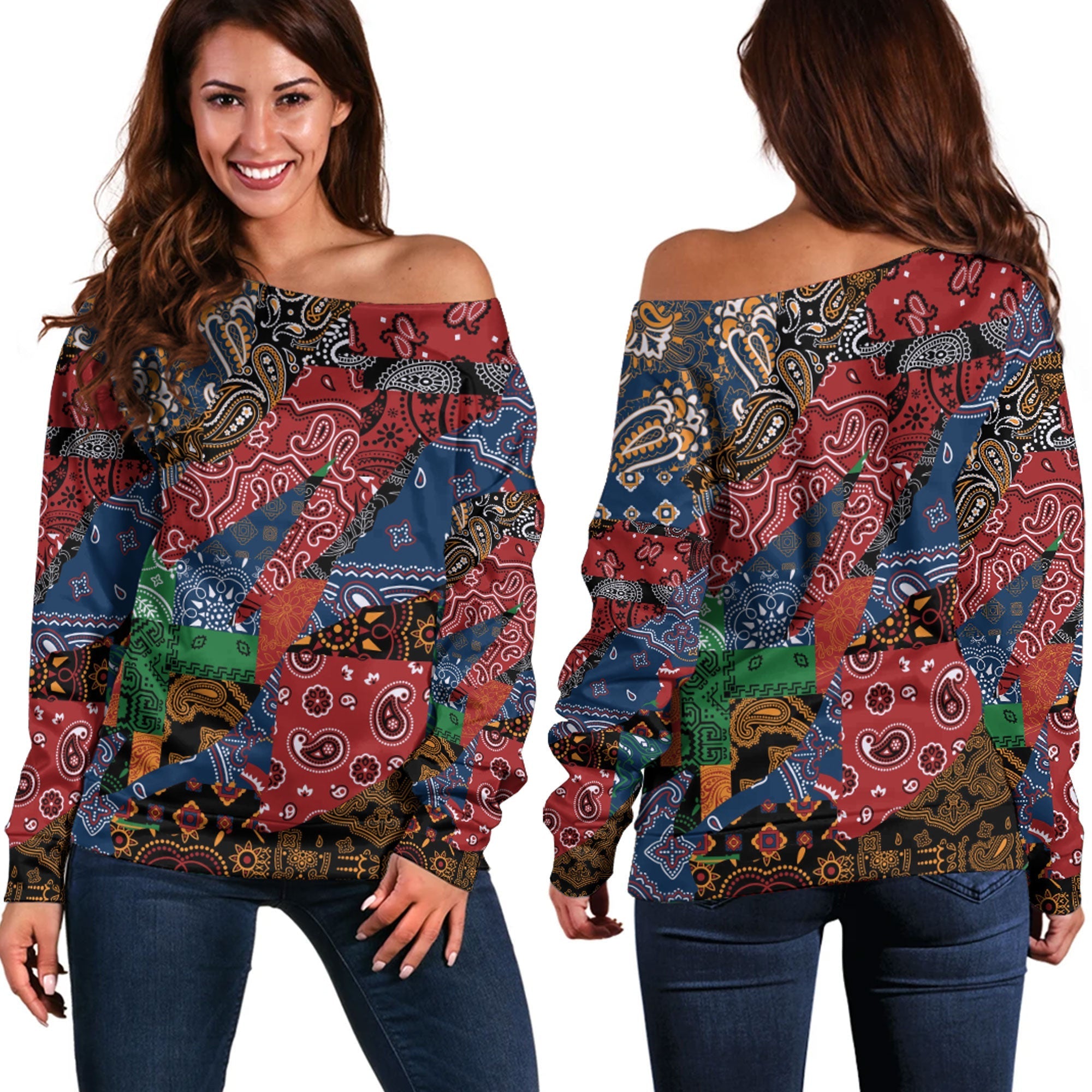 Paisley Bandana Pattern Seamless Off Shoulder Sweaters Ver.39 RLT13 - Wonder Print Shop