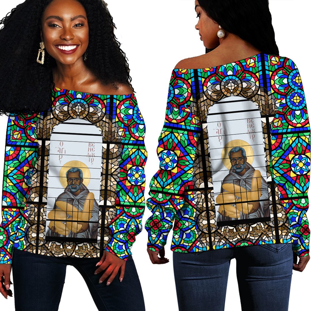 Saint Benedict of the African On Stained Glass Women Off Shoulder Sweater RLT13 - Wonder Print Shop