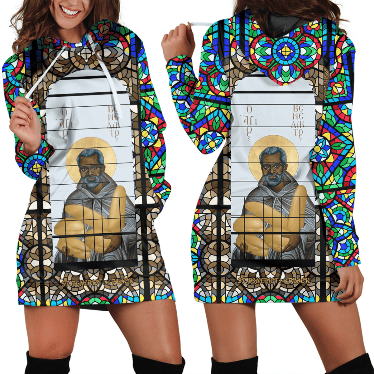 Saint Benedict of the African On Stained Glass Hoodie Dress RLT13 - Wonder Print Shop