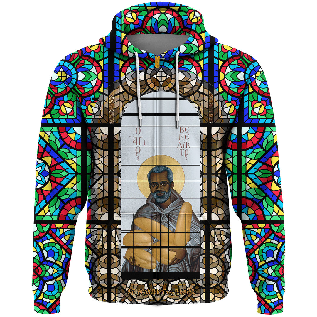 Saint Benedict of the African On Stained Glass Zip Hoodie RLT13 - Wonder Print Shop
