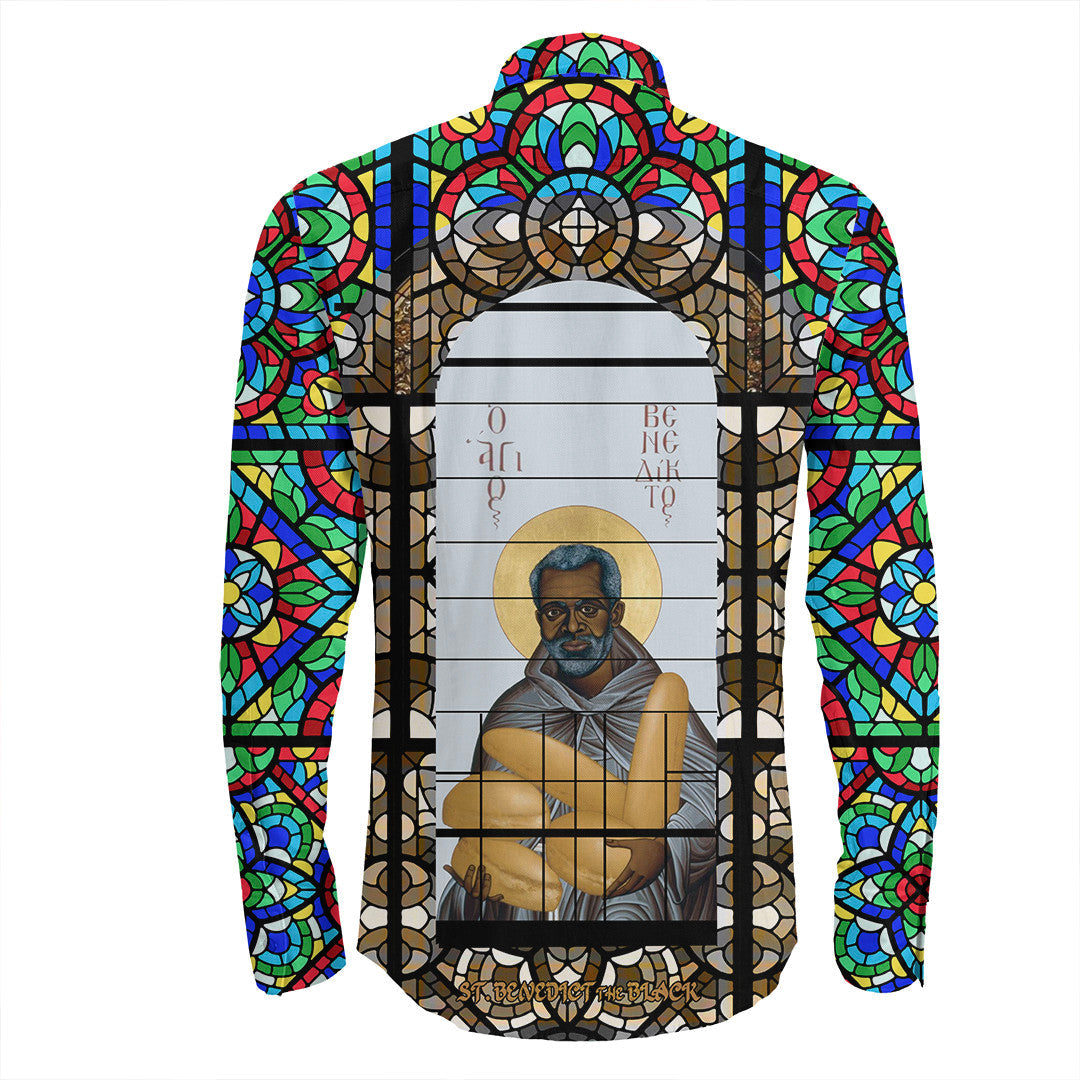 Saint Benedict of the African On Stained Glass Long Sleeve Button Shirt RLT13 - Wonder Print Shop