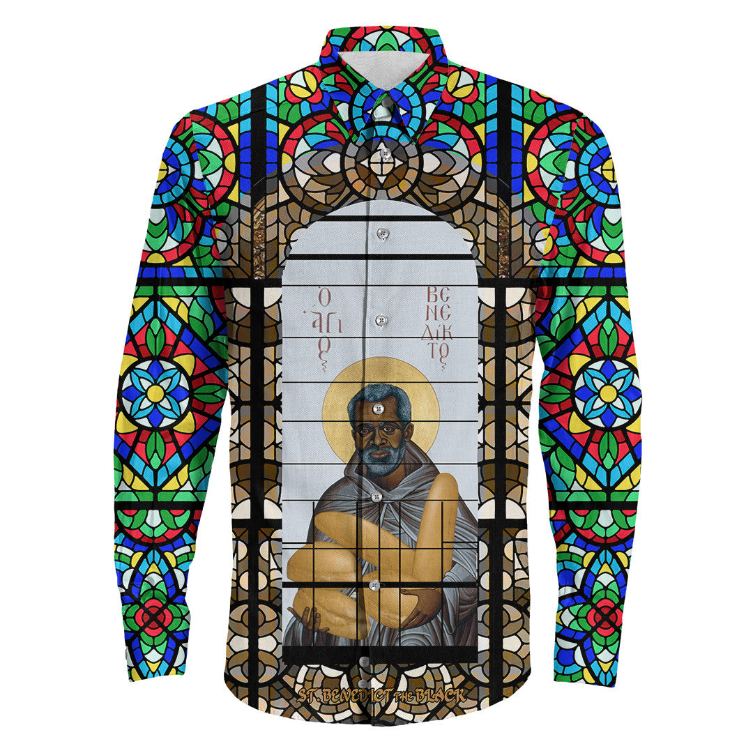 Saint Benedict of the African On Stained Glass Long Sleeve Button Shirt RLT13 - Wonder Print Shop