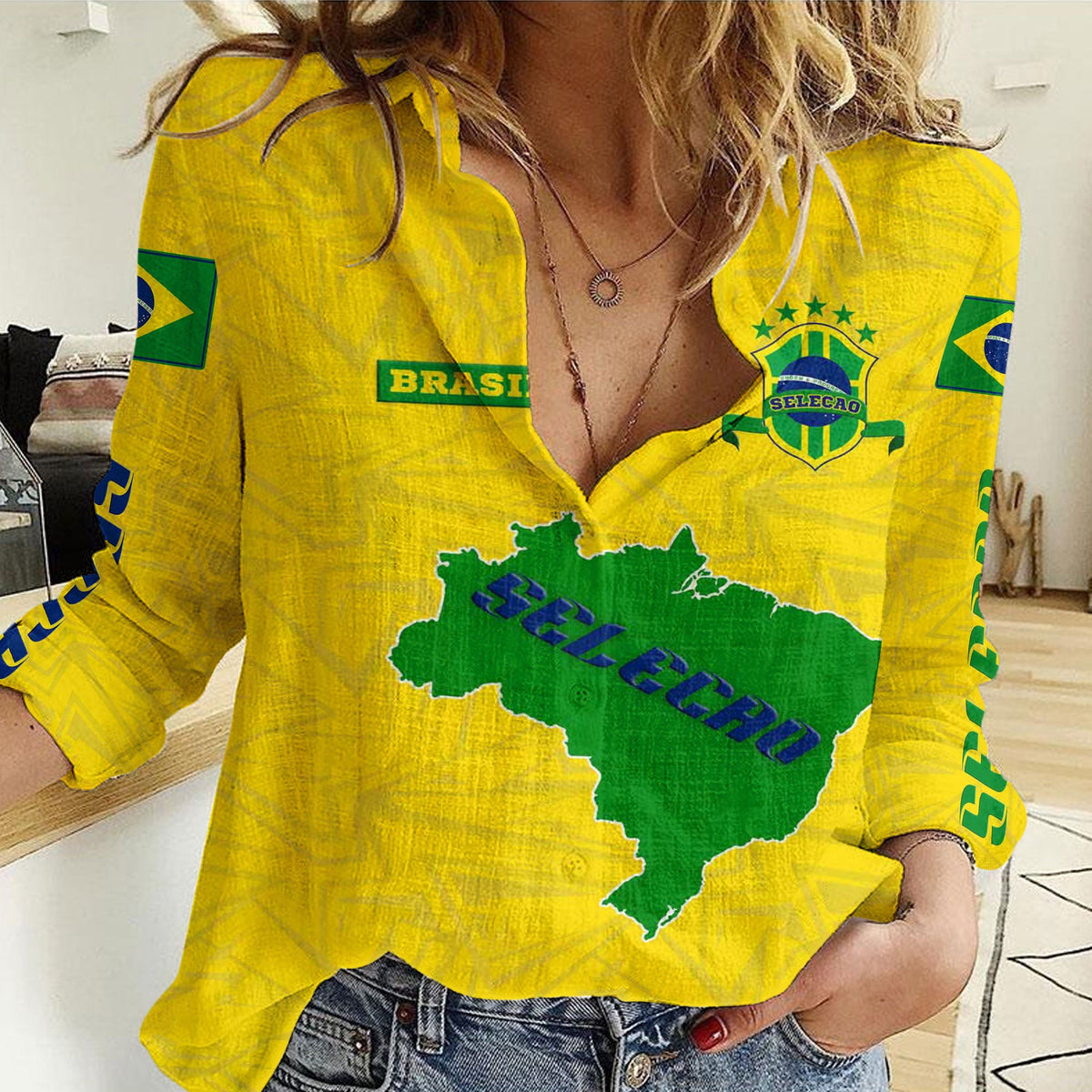 Custom Brasil Selecao Football Women Casual Shirt - Wonder Print Shop