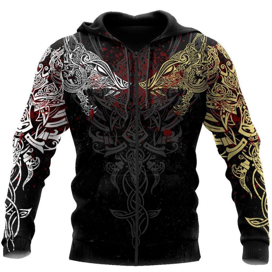 Viking Clothing Geki and Freki Viking Wolf Iii Tattoo Hoodie RLT12 - Wonder Print Shop