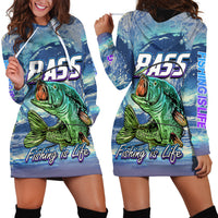 Blue hoodie dress with front bass fish graphic, long sleeves, and kangaroo pocket