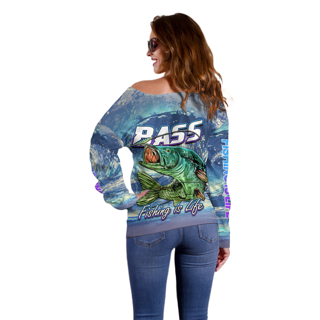 Bass Fishing is Life Hook Sport Largemouth Blue Off Shoulder Sweater - Wonder Print Shop