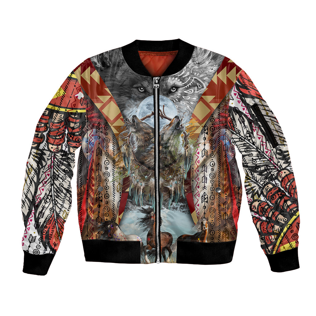 Native American Feather Headdress With Native Horses And Three Wolves In Moonlight African Pattern Sleeve Zip Bomber Jacket - Wonder Print Shop
