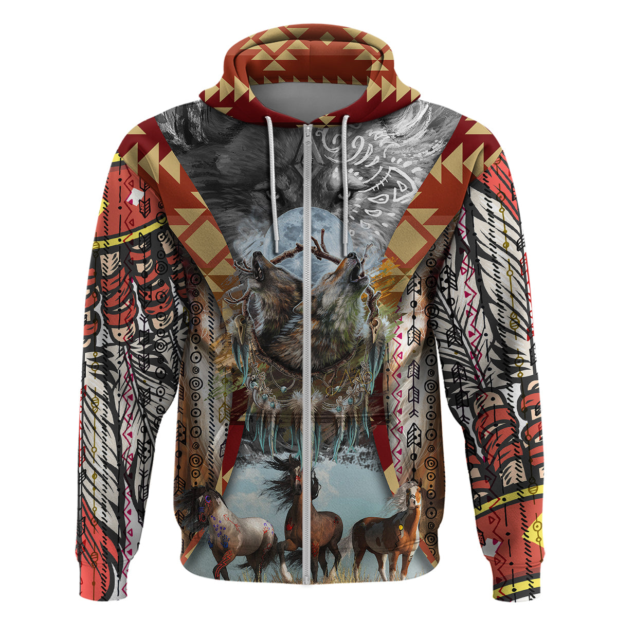 Native American Feather Headdress With Native Horses And Three Wolves In Moonlight African Pattern Hoodie - Wonder Print Shop