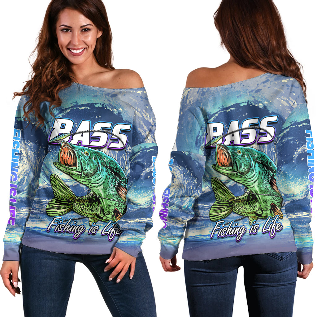 Bass Fishing is Life Hook Sport Largemouth Blue Off Shoulder Sweater - Wonder Print Shop