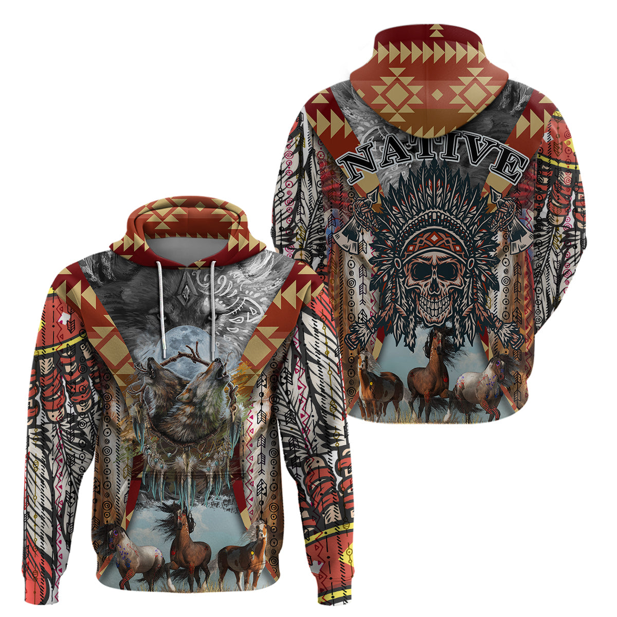 Native American Feather Headdress With Native Horses And Three Wolves In Moonlight African Pattern Hoodie - Wonder Print Shop