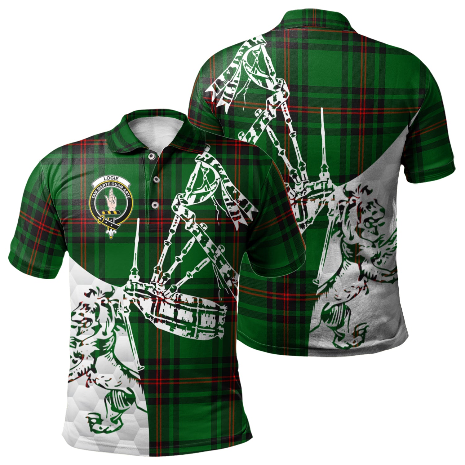 scottish-logie-clan-crest-tartan-polo-shirt-lion-and-bagpipes-style