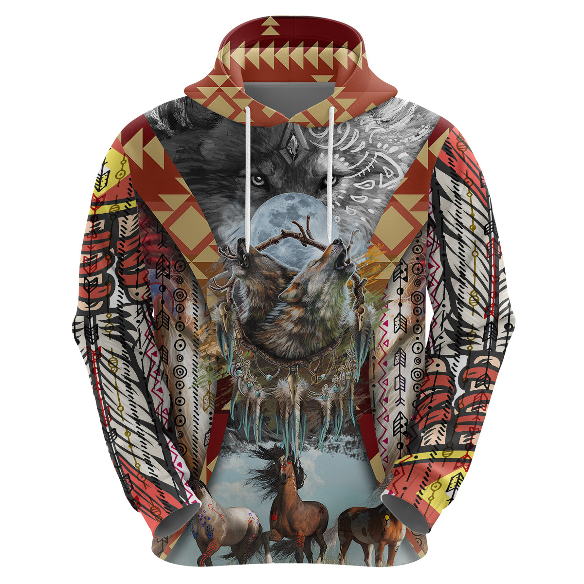 Native American Feather Headdress With Native Horses And Three Wolves In Moonlight African Pattern Hoodie - Wonder Print Shop